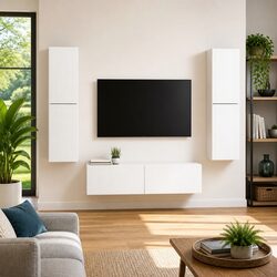TV Cabinet Set 6 Pieces White Modern Storage Unit Shelves Drawers LED Lights