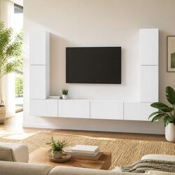 TV Cabinet Set 8 Pieces White Engineered Wood Entertainment Storage Furniture