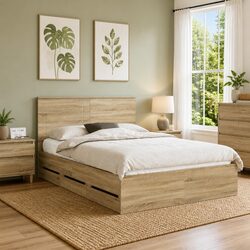 Bed Frame with Storage Drawer Engineered Wood Brown Modern Bedroom Furniture
