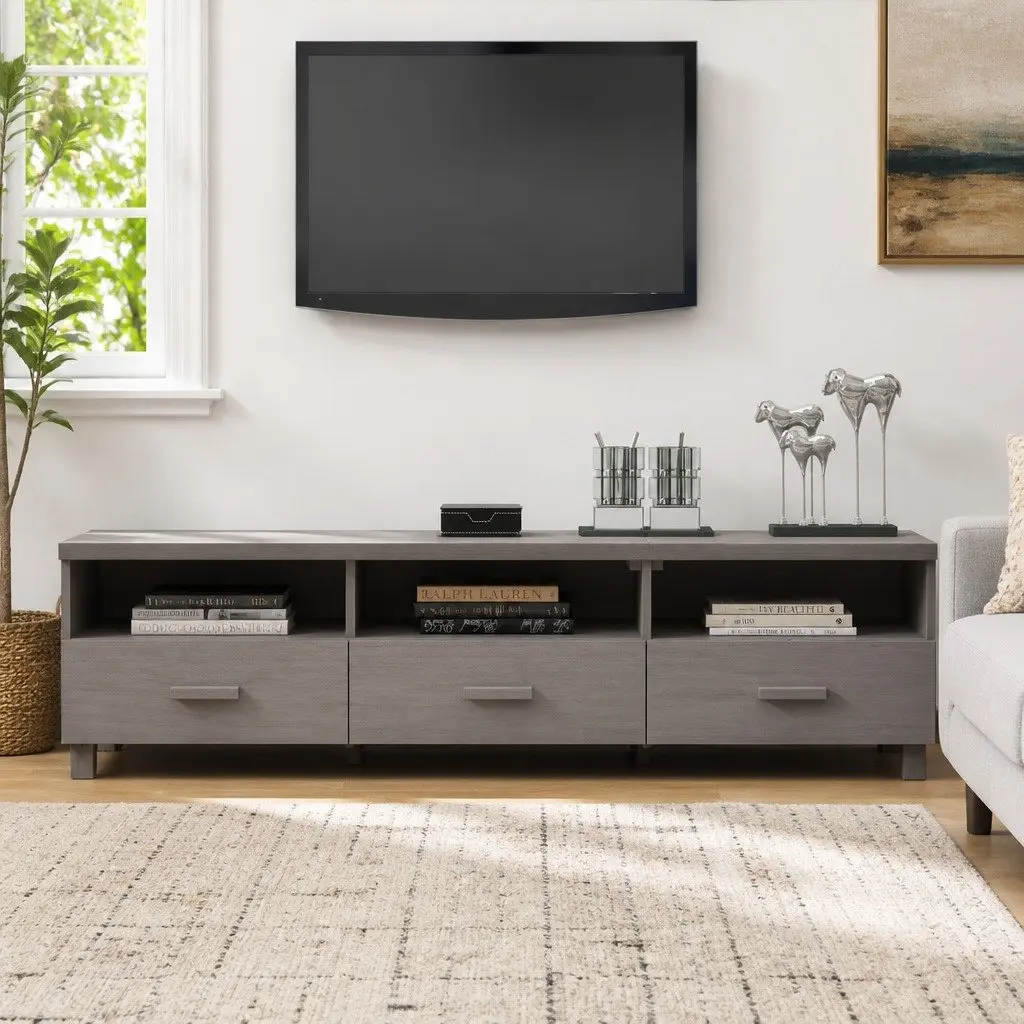 TV Cabinet Grey Solid Wood Pine Storage Unit 158cm with Sliding Drawers and Compartments