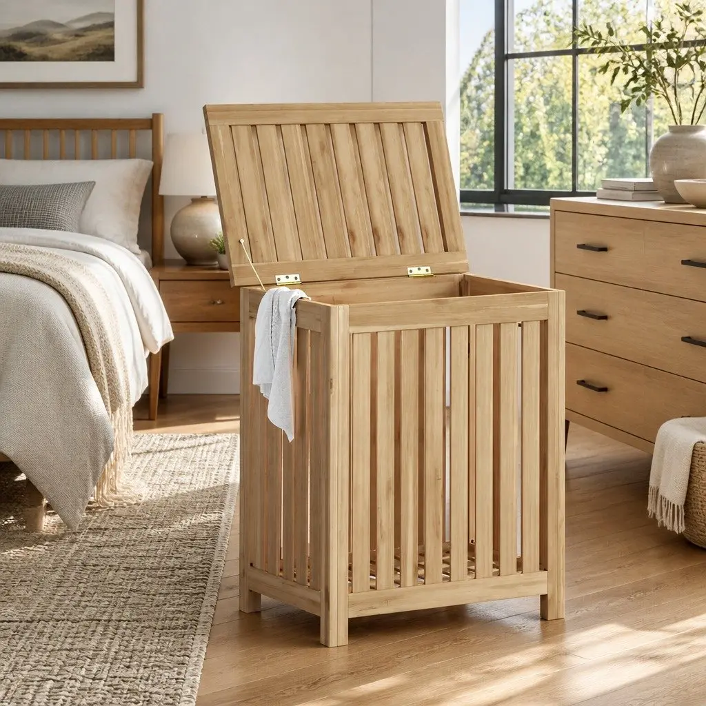Laundry Basket Solid Wood Wash Bin Storage 50x35x60 cm Slatted Design Brown