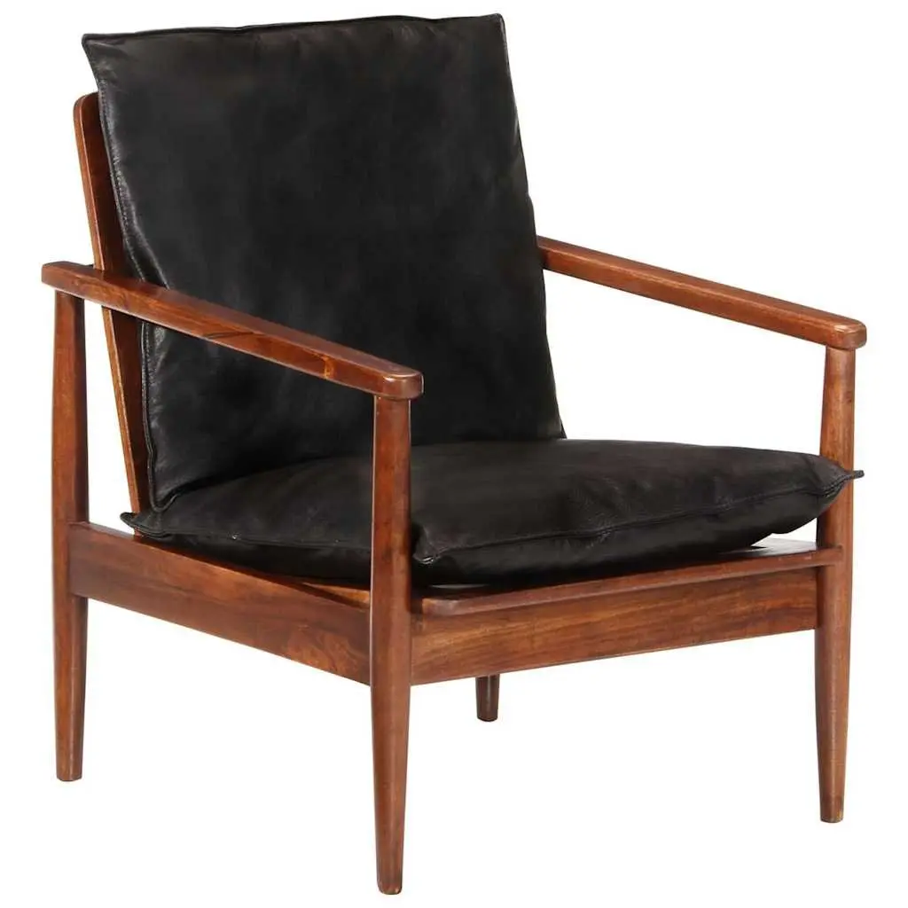 Armchair Real Leather Black Solid Wood Acacia Single Sofa Chair Lounge Seating
