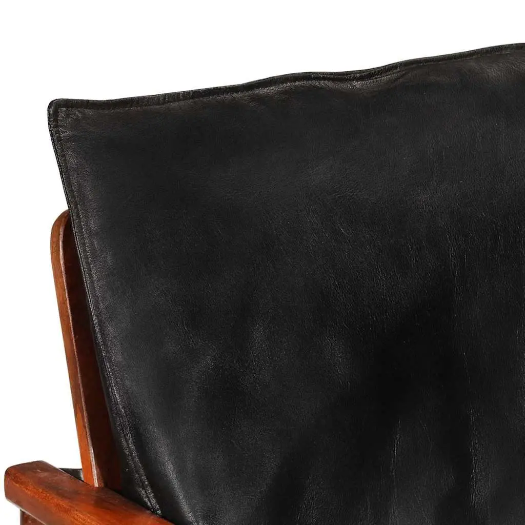 Armchair Real Leather Black Solid Wood Acacia Single Sofa Chair Lounge Seating