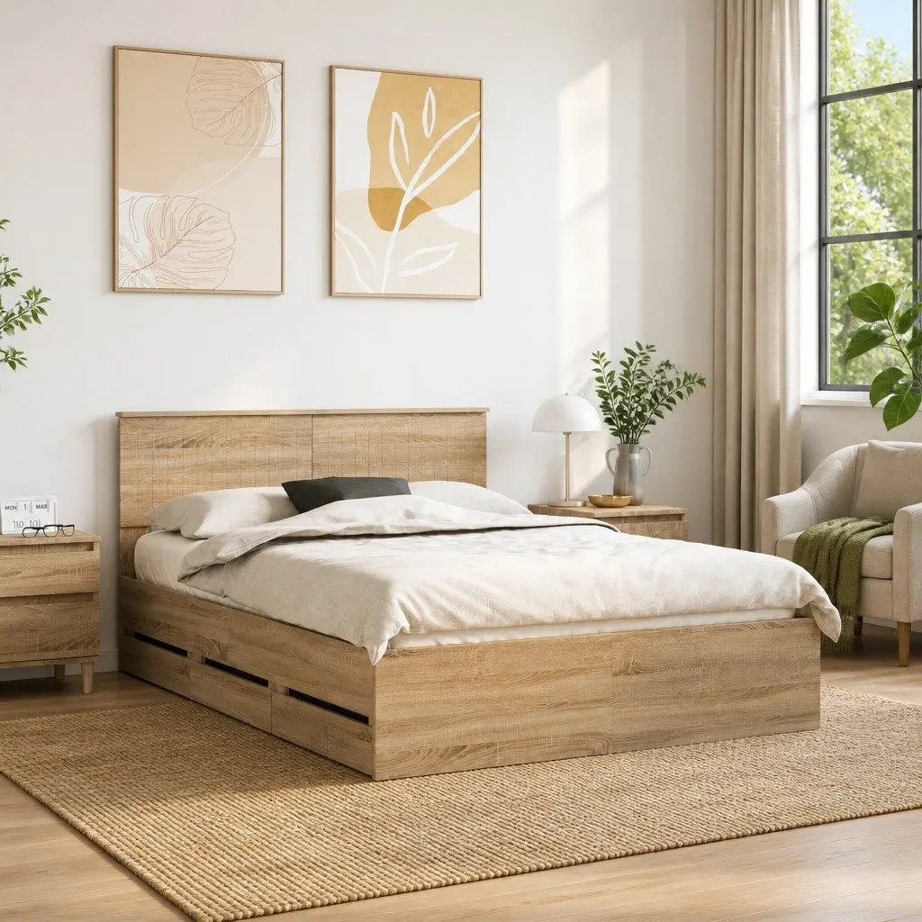 Bed Frame with Storage Drawer Modern 135 x 190 cm Sonoma Oak