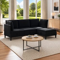 Modern Living Room Furniture Set 4 Piece Black Velvet Sofa Storage Cushioned