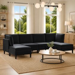 Modern Living Room Furniture Set 6 Piece Black Velvet Cushioned Sofa Storage