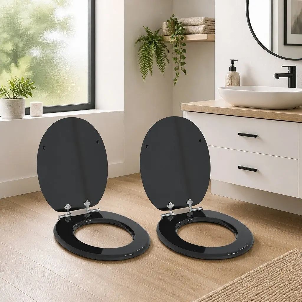 Toilet Seat Soft Close Black MDF 44x38cm Bathroom Fixture Non-Slip Bumpers