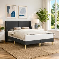 Bed Frame with Fabric Headboard Dark Grey Modern Bedroom Furniture Upholstered