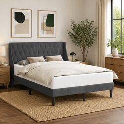 Bed Frame with Velvet Headboard Modern Bedroom Furniture Dark Grey Sleek Design