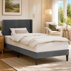 Bed Frame with Dark Grey Velvet Headboard 90 x 190 cm Modern Bedroom Furniture