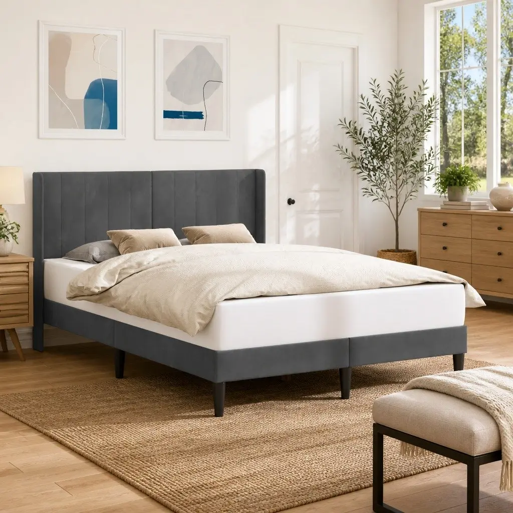 Bed Frame with Dark Grey Velvet Headboard Plywood Frame Slatted Base