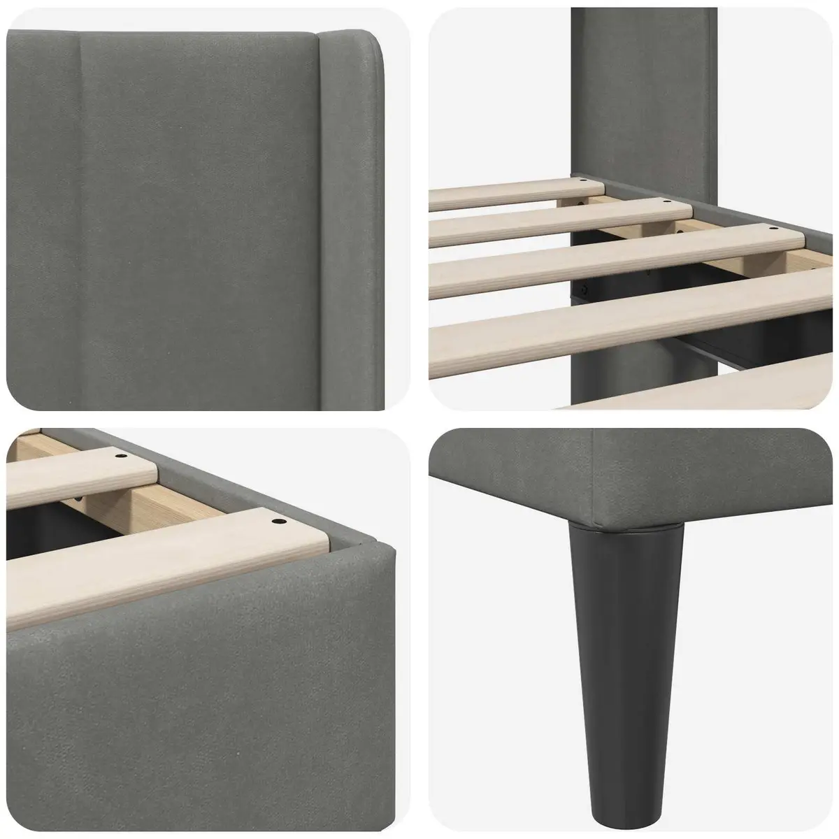 Bed Frame with Dark Grey Velvet Headboard Plywood Frame Slatted Base