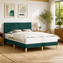 Bed Frame with Fabric Headboard Dark Grey Modern Bedroom Furniture Slatted Base