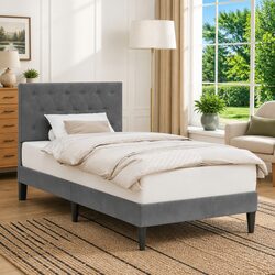 Modern Bed Frame with Velvet Headboard Dark Grey 90 x 190 cm Bedroom Furniture