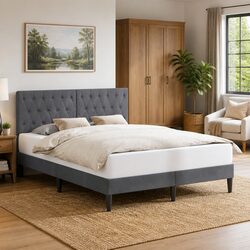 Dark Grey Velvet Bed Frame Modern Bedroom Furniture with Headboard Tapered Legs