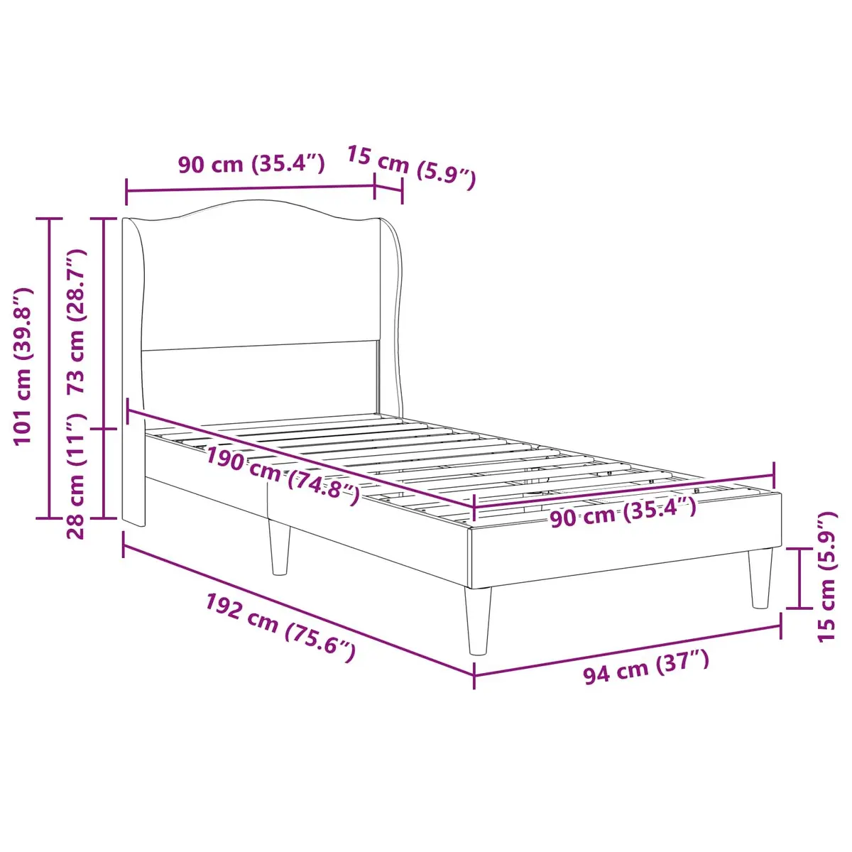 Bed Frame with Headboard Black 90 x 190 cm Modern Bedroom Furniture