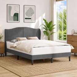 Bed Frame with Velvet Headboard Dark Grey 137 x 190 cm Modern Platform Bedroom