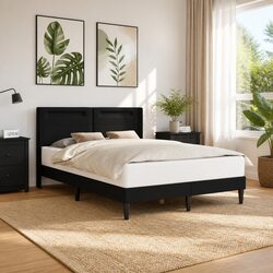 Bed Frame with LED Strip Lights Headboard Black Faux Leather Modern Bedroom