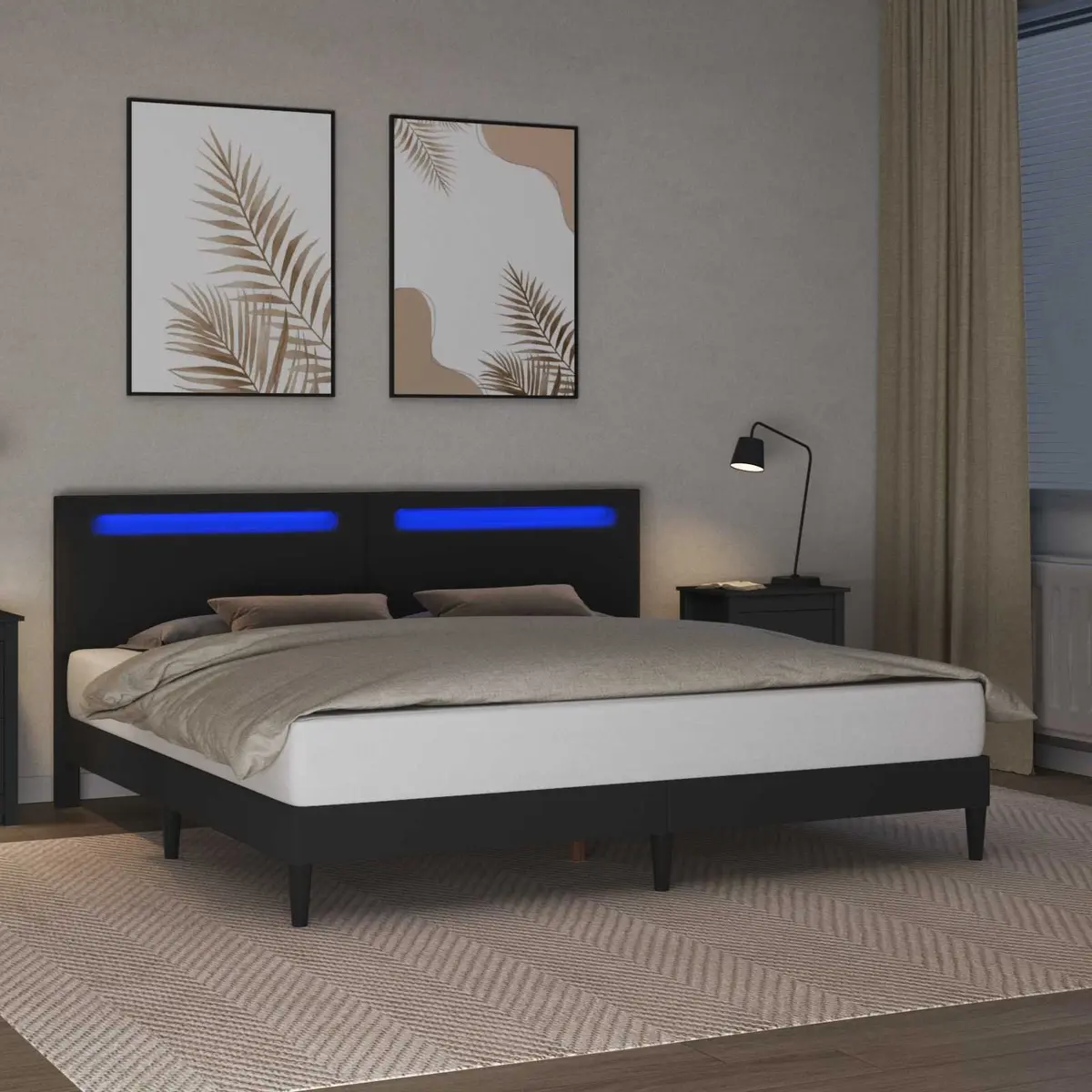 Bed Frame Faux Leather 180 x 200 cm Black Slatted Base LED Lighting USB