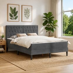 Bed Frame with Mattress Dark Grey 137 x 190 cm Velvet Upholstered Modern Bedroom