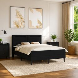 Black Bed Frame with Mattress LED Lights USB Charging Port Faux Leather