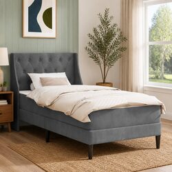 Grey Velvet Bed Frame with Mattress Modern Bedroom Furniture 107 x 203 cm