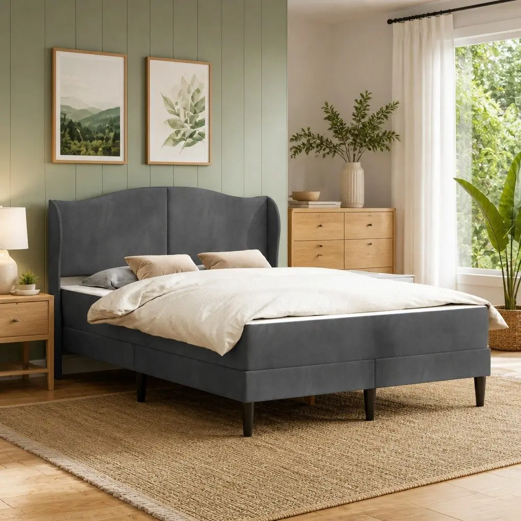 Bed Frame with Headboard Velvet Upholstery Dark Grey 137 x 190 cm Storage