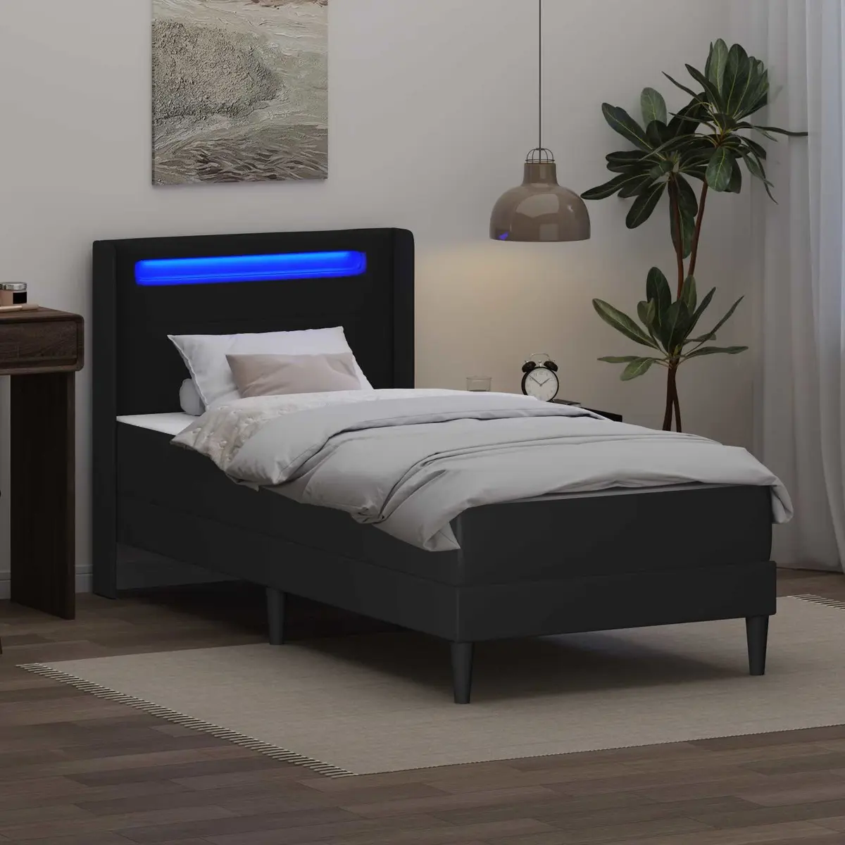 Bed Frame with Mattress Faux Leather Headboard LED Lighting 107 x 203 cm Black
