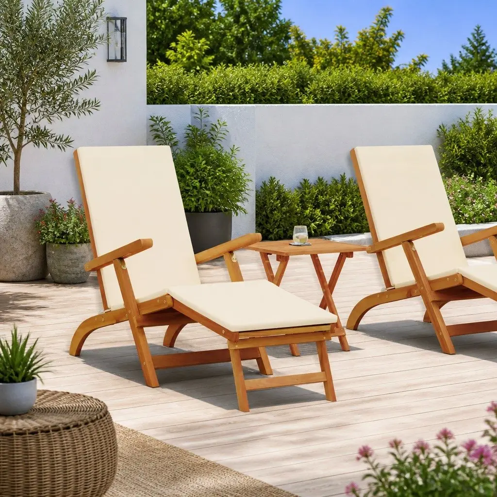 Sun Lounger Folding Reclining Chair Acacia Wood Outdoor Garden Patio Deck Pool