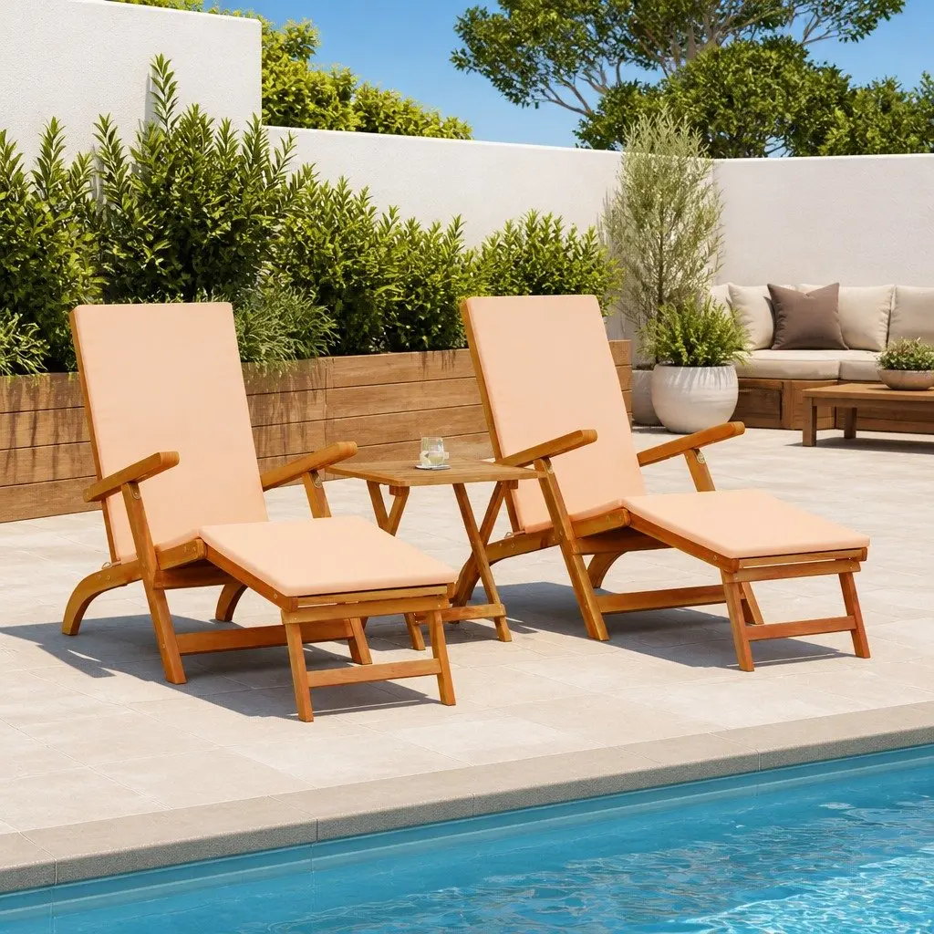 Sun Lounger Reclining Folding Chair 3 Pieces Solid Acacia Wood Garden Patio