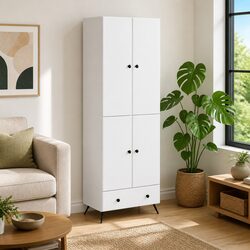 Cabinet Set 2 Pieces White Storage Furniture Drawers Shelves LED Lights