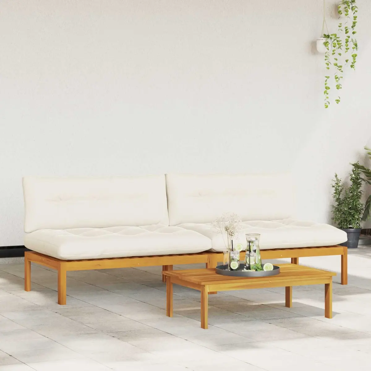 Outdoor Sectional Sofa Unit 2 Piece Acacia Wood Garden Patio Furniture Set Natural and Cream White
