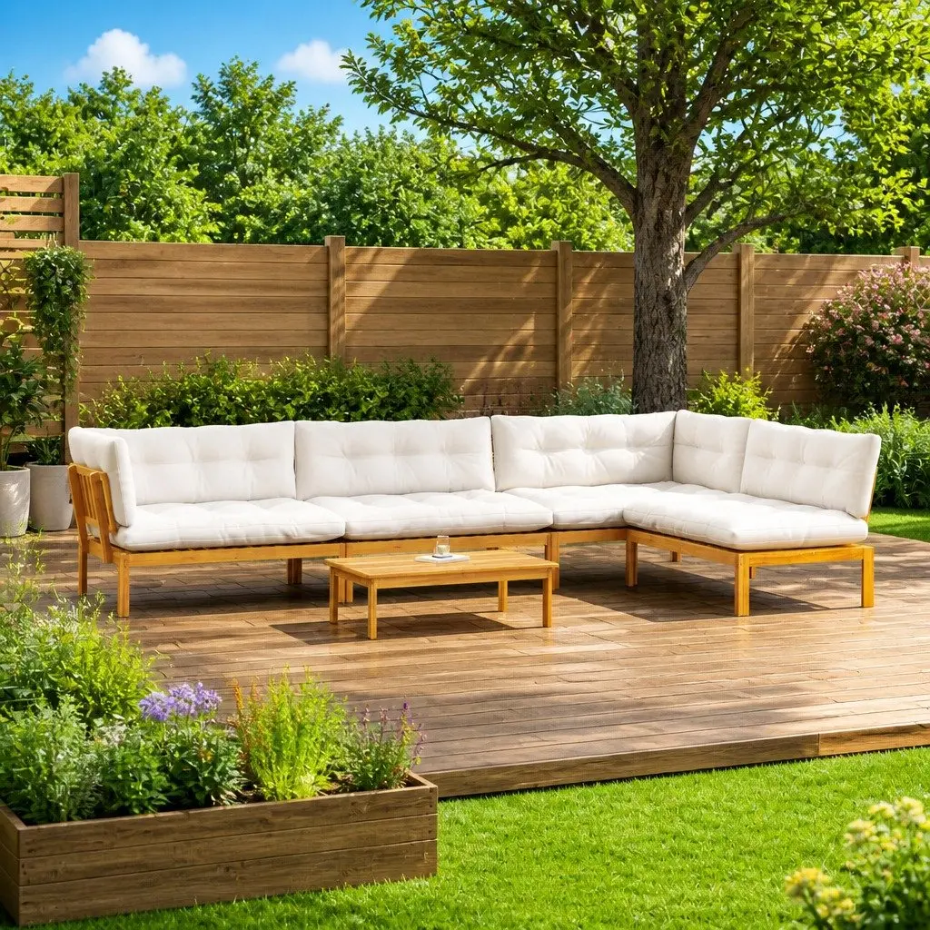 Garden Pallet Sofa Set 5 Piece Corner Outdoor Sectional Lounge Brown Solid Acacia Wood with Foam-Padded Cushions and Low Table