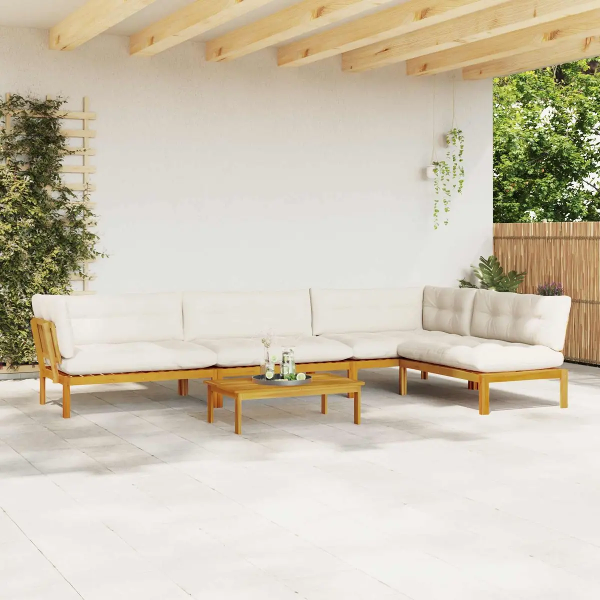 Garden Pallet Sofa Set 5 Piece Corner Outdoor Sectional Lounge Brown Solid Acacia Wood with Foam-Padded Cushions and Low Table