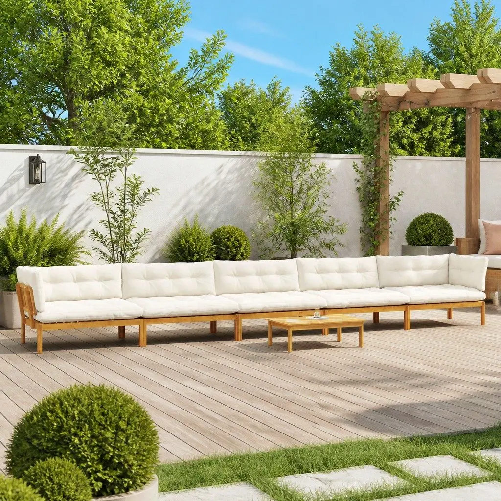 Outdoor Sectional Sofa Set 6 Piece Corner Lounge Natural Brown Acacia Wood with Foam Padded Cushions