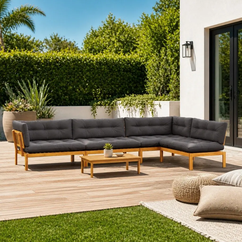 Outdoor Sectional Sofa 5 Piece Corner Lounge Set Acacia Wood Brown