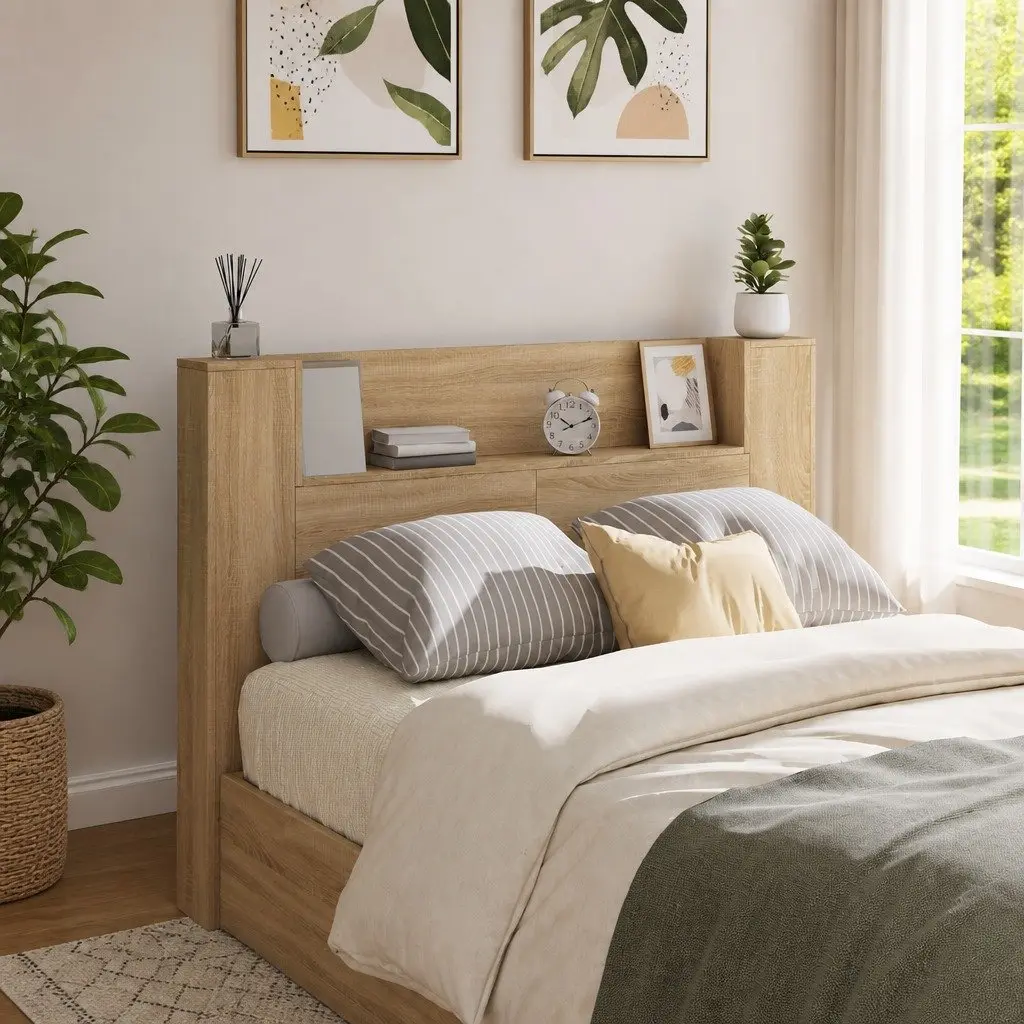 Storage Headboard with LED Lights Brown Engineered Wood