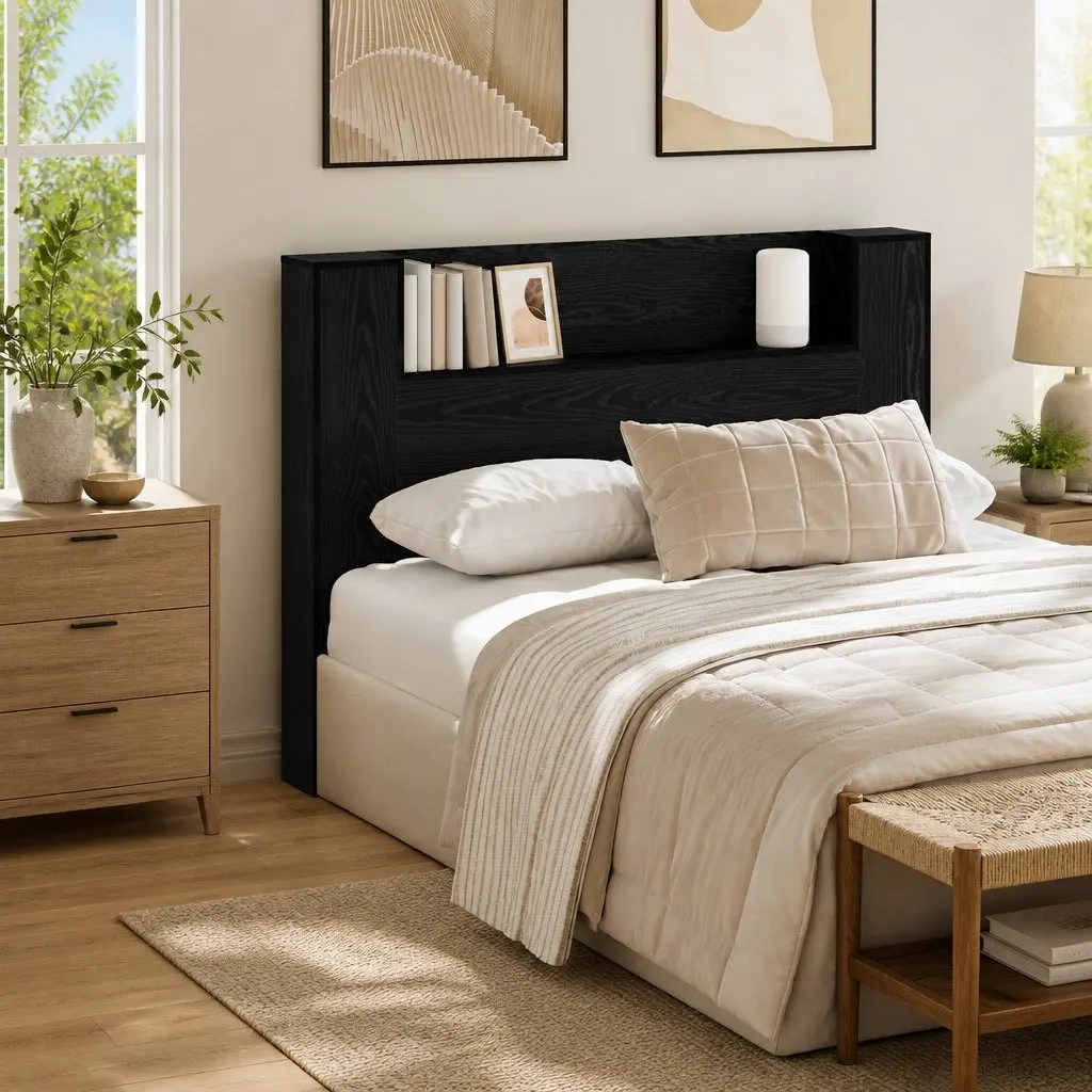 Storage Headboard with RGB LED Lights Black Engineered Wood