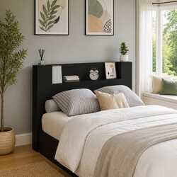 Storage Headboard with RGB LED Lights Bedroom Furniture Engineered Wood Black