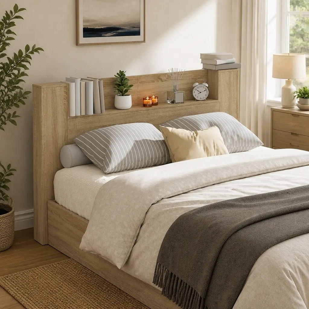 Storage Headboard with LED Lights Engineered Wood Brown Bedroom Furniture Shelves