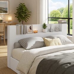White Storage Headboard with RGB LED Lights Built-in Shelf Bedroom Furniture