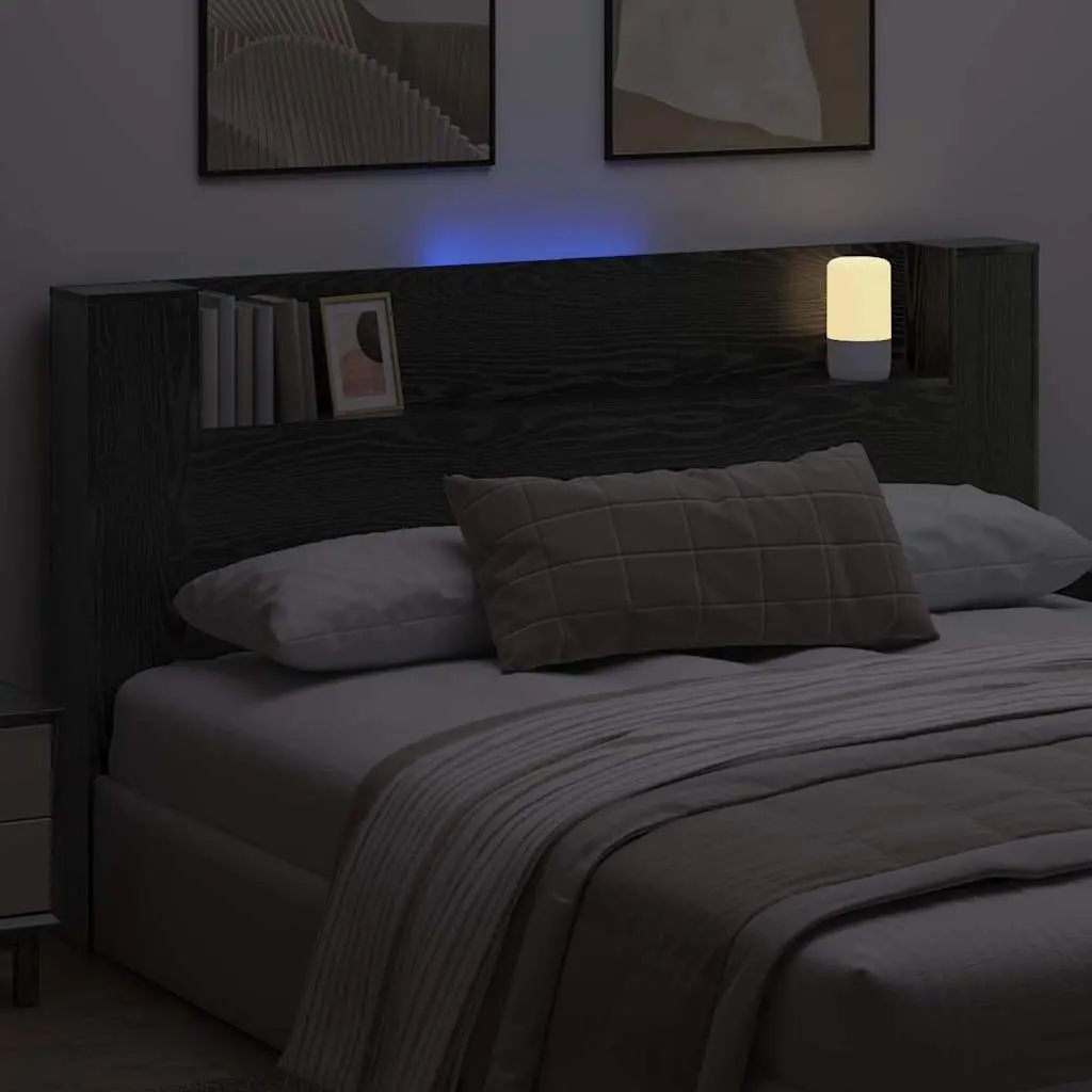 Storage Headboard with RGB LED Lights Bedroom Furniture Black Engineered Wood