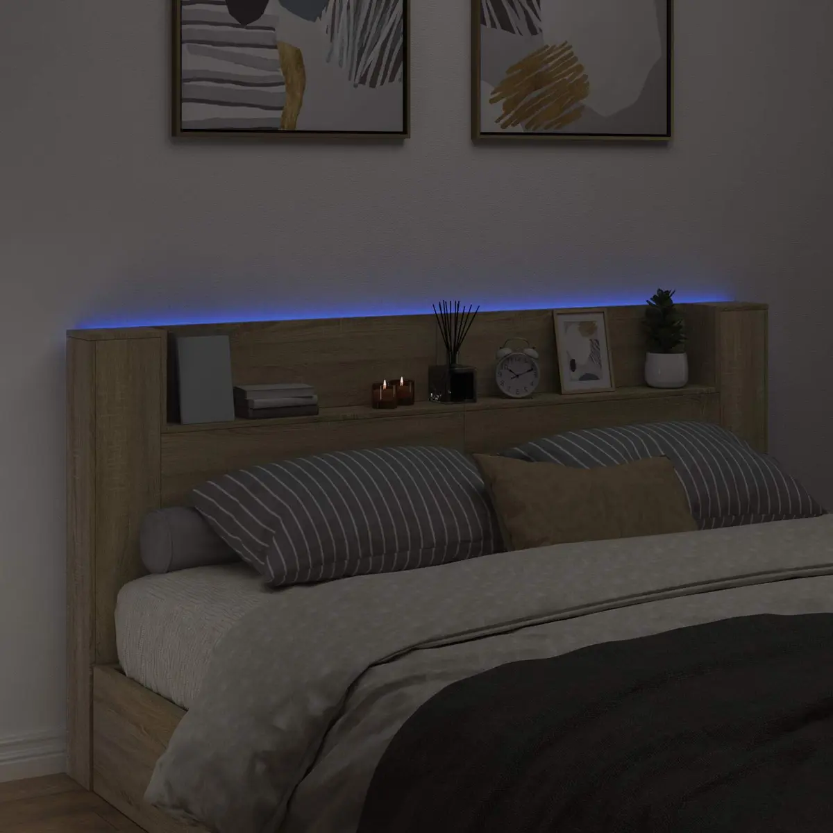 Storage Headboard with RGB LED Lights Engineered Wood Bedroom Shelf Sonoma Oak