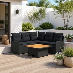 Outdoor Garden Furniture Set 6 pcs Black PE Rattan Patio Lounge with Cushions