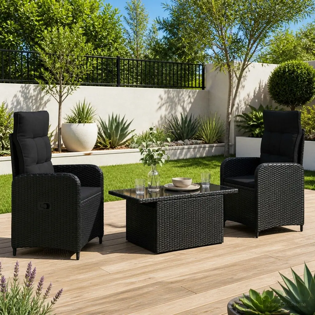 Outdoor Dining Set 3 Pieces Black Poly Rattan Garden Furniture Adjustable Lounge