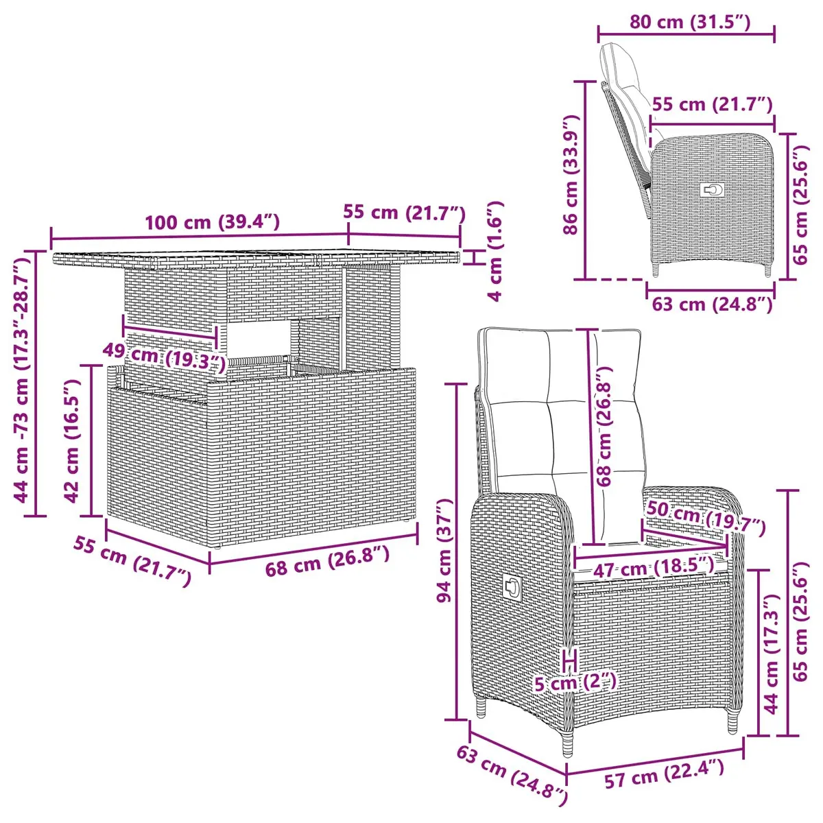 Outdoor Dining Set 3 Pieces Black Poly Rattan Garden Furniture Adjustable Lounge