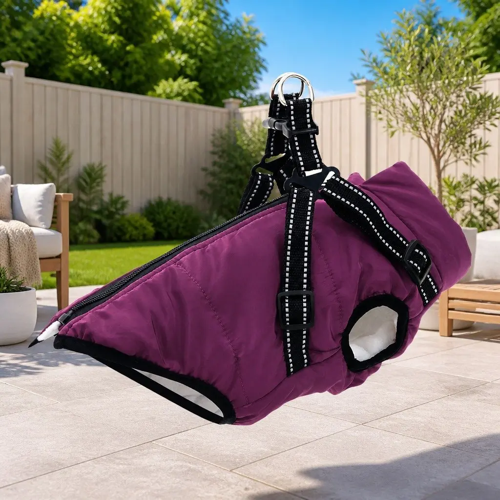 Dog Coat Warm Winter Fleece Polyester L24 Purple Outdoor Reflective