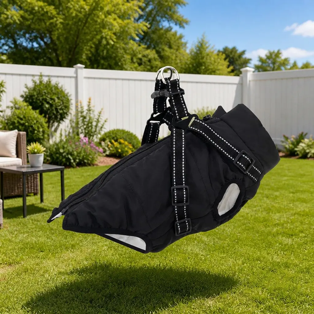 Dog Coat Water-resistant Windproof Adjustable L32 Black Fleece Polyester