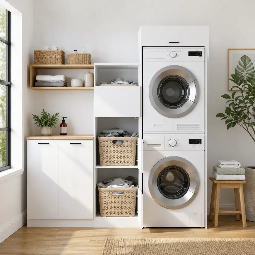 Laundry Cabinet Set 2 Piece White Storage Washing Machine Utility Room Furniture