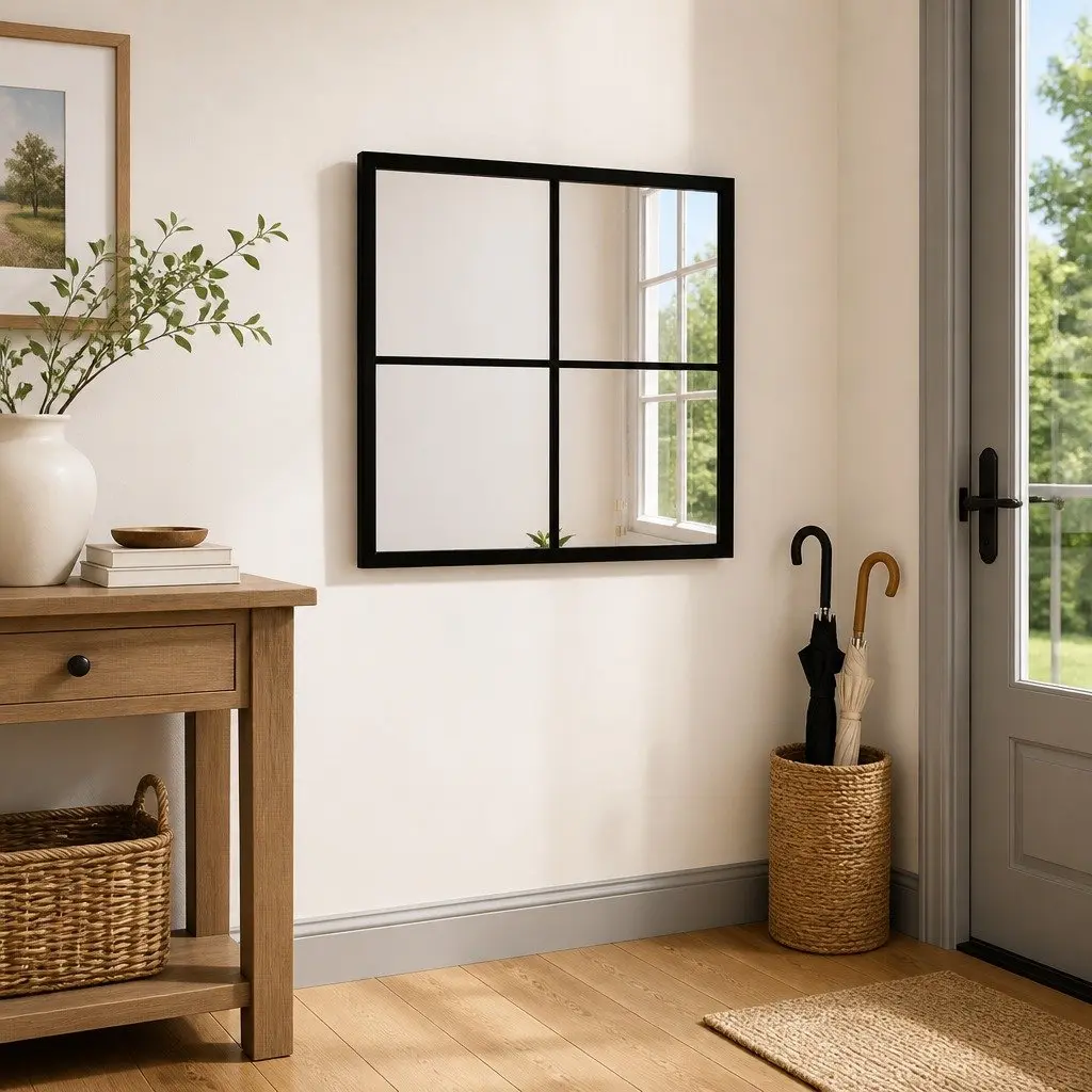 Wall Mirror Black Metal Frame 40x40 cm Hook Installation
